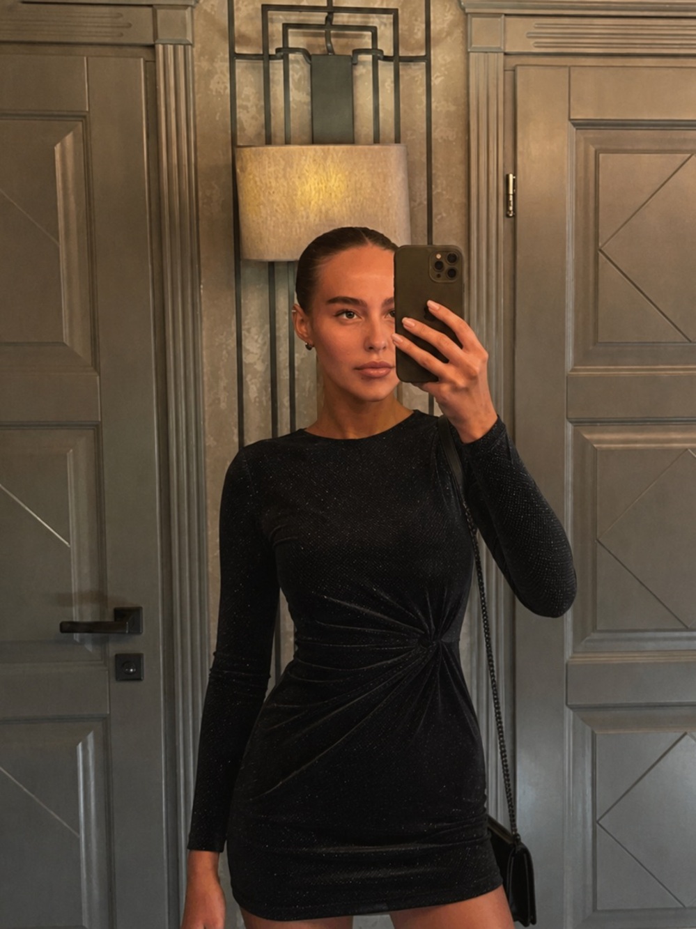 Dynamite XS Black Velvet Sparkle Knot Front Long Sleeve Mini Dress